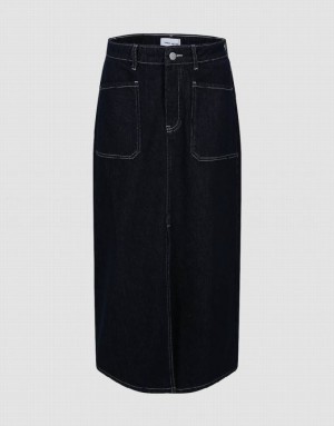 Blue Urban Revivo Midi Straight Women's Denim Skirt | IYNZQH-124