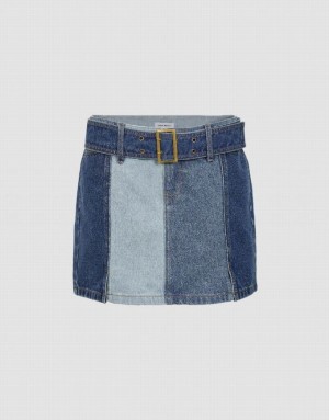 Blue Urban Revivo Mini A-Line With Belt Women's Denim Skirt | FYQAMD-682