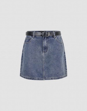 Blue Urban Revivo Mini A-Line With Belt Women's Denim Skirt | QSUGPT-149