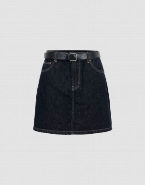 Blue Urban Revivo Mini A-Line With Belt Women's Denim Skirt | TLRDHU-023