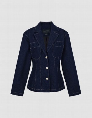 Blue Urban Revivo Notch Lapel Denim Women's Shirts | XTWAQP-970