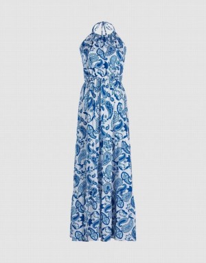 Blue Urban Revivo Paisley Print Halter Maxi Women's Maxi Dress | ROCXIF-548