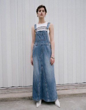 Blue Urban Revivo Pinafore Women's Denim Dress | QKAOEF-573