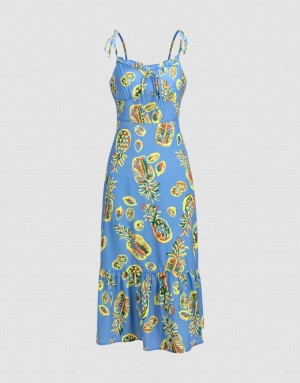 Blue Urban Revivo Pineapple Print Tie Strap Ruffle Hem Cami Women's Dress | OXZQLU-395