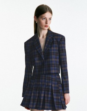 Blue Urban Revivo Plaid Cropped Women's Blazers | HLDPKJ-532