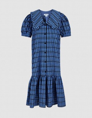 Blue Urban Revivo Plaid Puff Sleeve Ruffle Hem Women's Casual Dress | SAJFYP-693