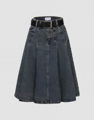 Blue Urban Revivo Pleated Mini A-Line Women's Denim Skirt | CGEMHY-709