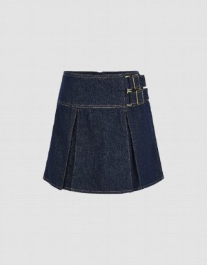 Blue Urban Revivo Pleated Mini Women's Denim Skirt | CMGOXE-296