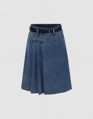 Blue Urban Revivo Pleated With Belt Women's Denim Skirt | PLXBME-850