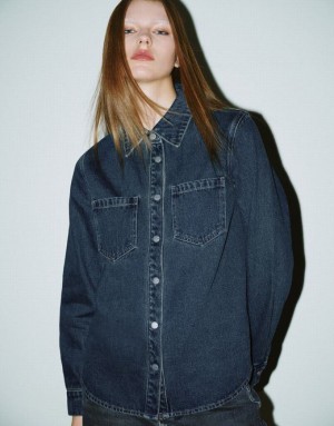 Blue Urban Revivo Press Buttoned Denim Women's Shirts | GZDHAY-439