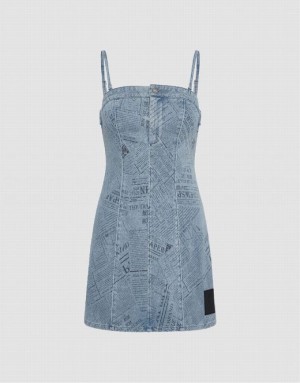 Blue Urban Revivo Printed Strappy Women's Denim Dress | YRIDCZ-764