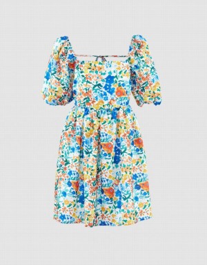 Blue Urban Revivo Puff Sleeve Floral Print Women's Casual Dress | BWHZEI-803