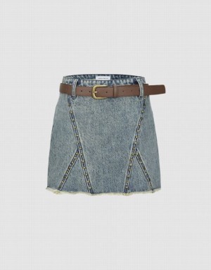 Blue Urban Revivo Raw Hem Mini Women's Denim Skirt | MSIPJA-062