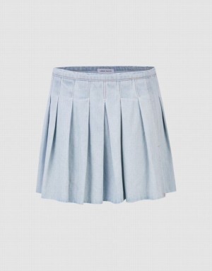 Blue Urban Revivo Raw Hem Pleated Mini Women's Denim Skirt | FWVUDE-764