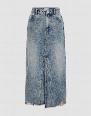 Blue Urban Revivo Raw Hem Split A-Line Women's Denim Skirt | BINLTW-603