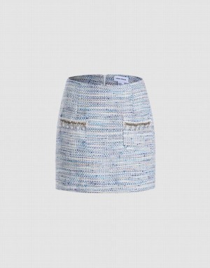 Blue Urban Revivo Raw Hem Tweed Women's Skirts | FBQTAP-752