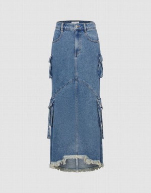 Blue Urban Revivo Raw Hem With Pockets Women's Denim Skirt | JBFCMK-345