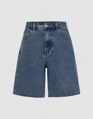 Blue Urban Revivo Raw Hem Women's Denim Shorts | IBQPVD-027