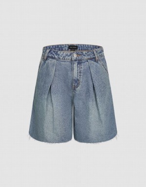 Blue Urban Revivo Raw Hem Women's Denim Shorts | KEDNSG-615