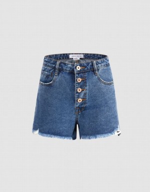 Blue Urban Revivo Raw Hem Women's Denim Shorts | YGWIQO-273