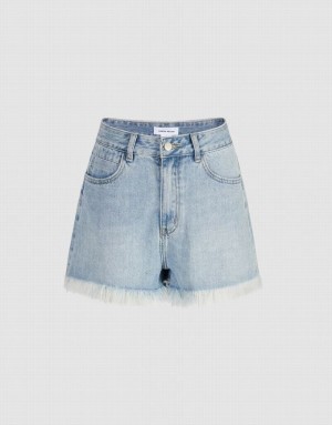 Blue Urban Revivo Raw Hem Women's Denim Shorts | RVCTOF-405