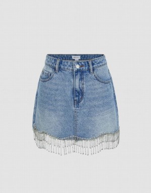 Blue Urban Revivo Rhinestone Hem Mini Straight Women's Denim Skirt | VZBRXN-492