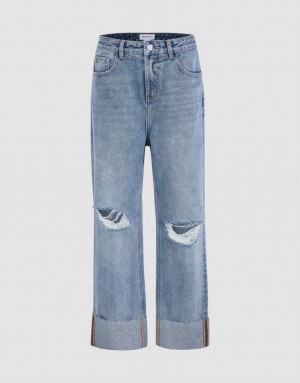 Blue Urban Revivo Ripped Straight Women's Jeans | XNCQSZ-492