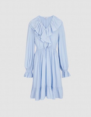 Blue Urban Revivo Ruffle Hem V Neck Women's Casual Dress | SODTYX-987