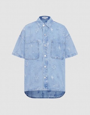 Blue Urban Revivo Seashell Patched Pocket Denim Women's Shirts | UNYQGL-928