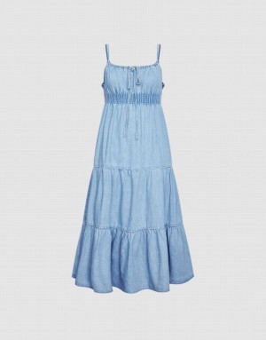 Blue Urban Revivo Shirred Waist Tiered Cami Women's Denim Dress | MIKCSJ-691