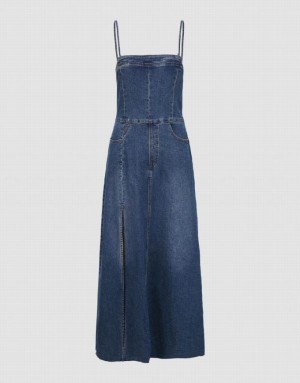 Blue Urban Revivo Skinny Off-Shoulder Cami Women's Denim Dress | UJKHIR-473