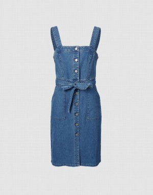 Blue Urban Revivo Sleeveless Button Front Women's Denim Dress | FANQYH-873