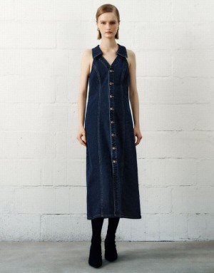 Blue Urban Revivo Sleeveless Lapel Women's Denim Dress | BZNODK-051