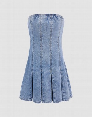 Blue Urban Revivo Sleeveless Off-Shoulder Women's Denim Dress | KOPUZB-063