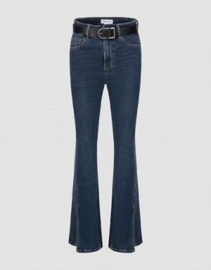 Blue Urban Revivo Split Hem Flare With Belt Women's Jeans | WJONFV-809