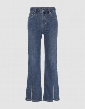 Blue Urban Revivo Split Hem Straight Women's Jeans | IVPFLT-610