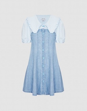 Blue Urban Revivo Statement Collar Button Front Spliced Women's Denim Dress | SNMZJO-387