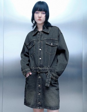 Blue Urban Revivo Straight With Belt Women's Denim Dress | ZJWPMU-623