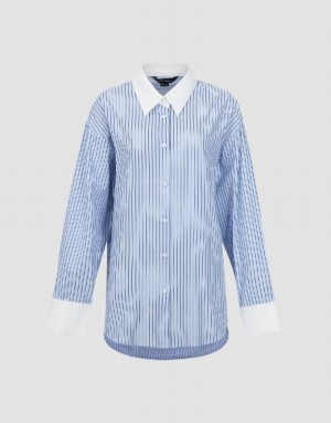 Blue Urban Revivo Striped Button Up Lapel Women's Shirts | VBAIWX-756