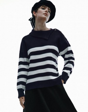 Blue Urban Revivo Striped Knitted Women's Cardigan | IOJYZM-039