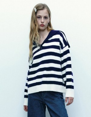 Blue Urban Revivo Striped Lapel Knitted Women's Cardigan | YTHALG-394