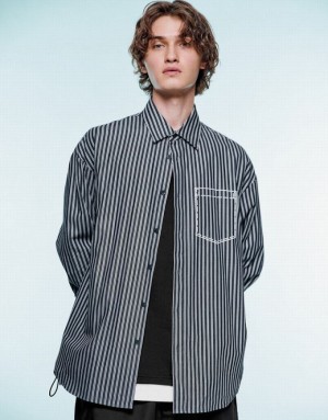 Blue Urban Revivo Striped Loose Men's Shirts | ETQJPN-894