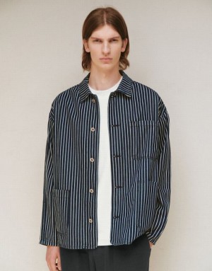 Blue Urban Revivo Striped Men's Denim Jackets | ITQPNJ-304