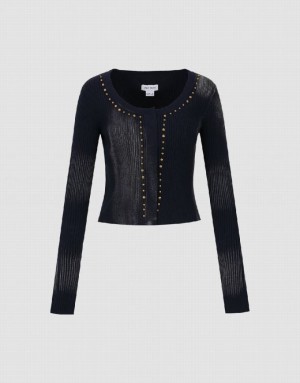 Blue Urban Revivo Studded Decor Knitted Women's Cardigan | TANREB-092