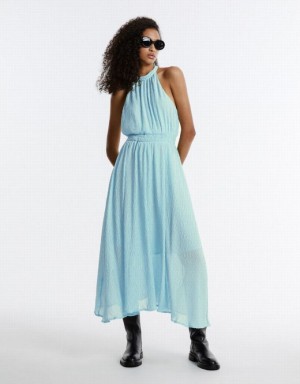 Blue Urban Revivo Textured Halter Women's Casual Dress | QFXAHM-476