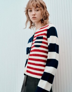 Blue Urban Revivo Two Toned Striped Knitted Women's Cardigan | YZIWJC-421