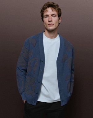 Blue Urban Revivo V-Neck Knitted Men's Cardigan | VJQHPD-210