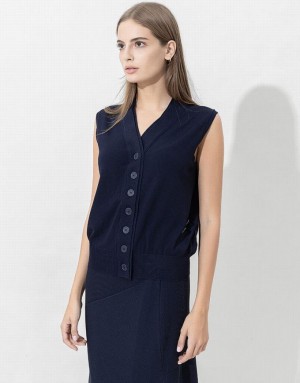 Blue Urban Revivo V-Neck Knitted Waistcoat Women's Cardigan | BETLQX-165