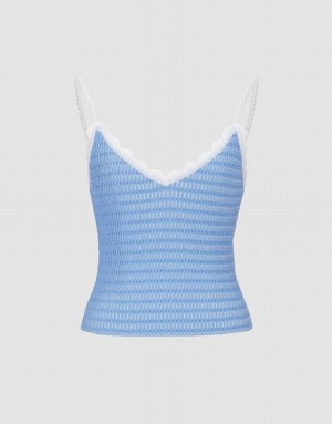 Blue Urban Revivo V Neck Knitted Women's Camisole | JHTDMC-893