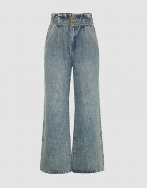 Blue Urban Revivo Wide-Leg With Belt Women's Jeans | YLWGOJ-954